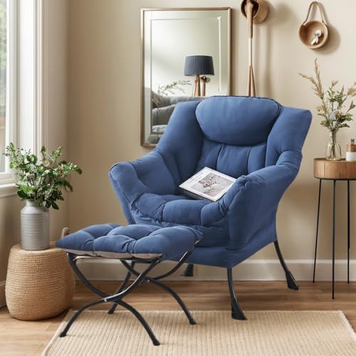 Lazy Chair with Ottoman, Soft Comfy Chair for Bedroom, Blue | Reading Accent Lounge Chair with folding Foot Stool for Living Room Dorm Apartment, sturdy metal frame - color: Royal Blue