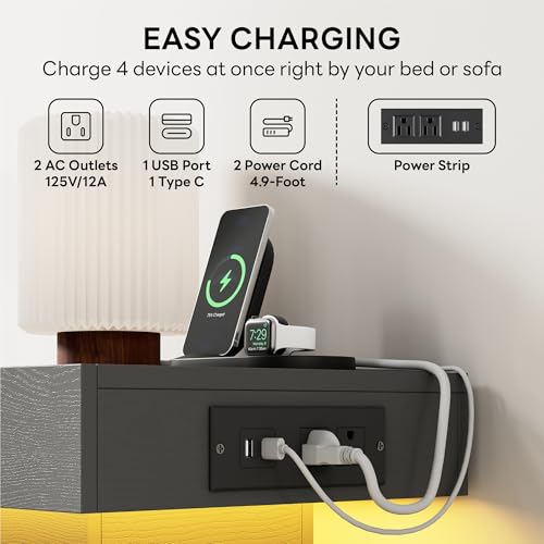 LIKIMIO Nightstand with Charging Station LED Light and 2 Drawers Grey | charging station; LED light; 2 smooth glide drawers; 13.8 D x 18.9 W x 23.6 H in; Grey wood grain - color: Grey