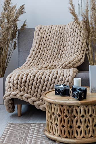 Knitted Chunky Blanket Throw, Handmade for Sofa, Bed or Gift (Camel, 40"x60") - color: Camel, size: 40 x 60 in