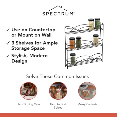 Spectrum 3 Tier Spice Rack Organizer Black Countertop Wire Shelf Spice Rack for Modern Kitchen Pantry Cabinet, Organize Spices with Three Tier Spice Shelf for Kitchen Storage with Wall Mount Option - size: 3-Tier