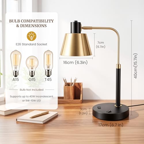Desk Lamp with USB-C, USB-A and AC Outlet, Adjustable E26 Table Lamp for Home Office and Bedside Reading, Matte Black and Brushed Brass-Look, Bulb Not Included