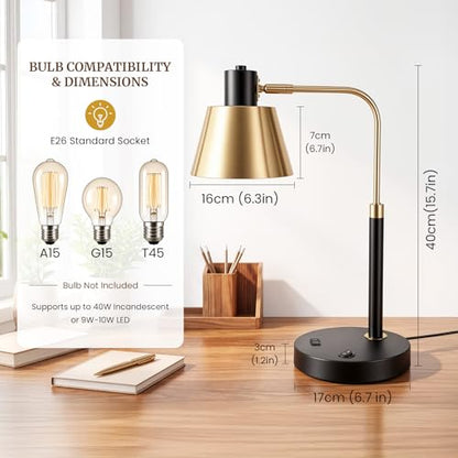 Desk Lamp with USB-C, USB-A and AC Outlet, Adjustable E26 Table Lamp for Home Office and Bedside Reading, Matte Black and Brushed Brass-Look, Bulb Not Included