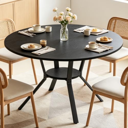 Wildhome Round Dining Table for 2-4, 43 Inch Dining Room Kitchen Table with 1-Tier Storage Shelf, Modern Farmhouse Dinner Furniture with Adjustable feet,Oval Circle(43in-Black) - color: 43in-air-black