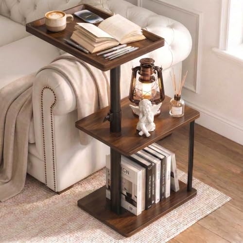Faesun C Table End Table Adjustable Height, 360°Swivel TV Tray Table for Small Spaces, Small Nightstand for Living Room, Bedroom, Walunt - color: Walnut, size: Pro