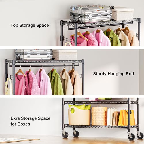 M MZG Heavy Duty Rolling Garment Rack 3 Tiers Adjustable Wire Shelving Clothes Rack with 1 Rods and Side Hooks,Storage Closet Clothing Rack with Wheels Black 15.7" D x 45.3" W x 75.6" H - color: Black, size: 3 Tier and 1 Rod 15.7"D x 45.3"W x 75.6"H