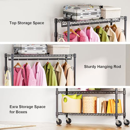 M MZG Heavy Duty Rolling Garment Rack 3 Tiers Adjustable Wire Shelving Clothes Rack with 1 Rods and Side Hooks,Storage Closet Clothing Rack with Wheels Black 15.7" D x 45.3" W x 75.6" H - color: Black, size: 3 Tier and 1 Rod 15.7"D x 45.3"W x 75.6"H