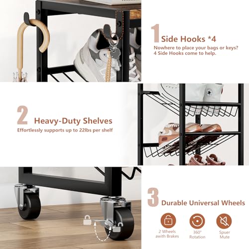 10 Tier Rotating Vertical Shoe Rack Tower, Wooden Tall Shoe Storage Organizer with Hooks, Sturdy Metal Narrow Shoe Shelf for 20 Pairs, Space Saving Rack for Closet Entryway, Rustic Brown - size: 10-tier(13.9 × 11.2 × 65.4)