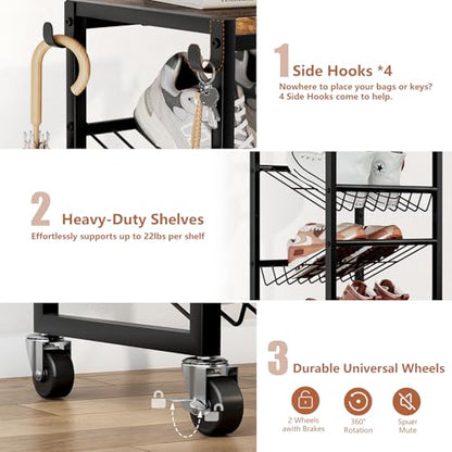 10 Tier Rotating Vertical Shoe Rack Tower, Wooden Tall Shoe Storage Organizer with Hooks, Sturdy Metal Narrow Shoe Shelf for 20 Pairs, Space Saving Rack for Closet Entryway, Rustic Brown - size: 10-tier(13.9 × 11.2 × 65.4)