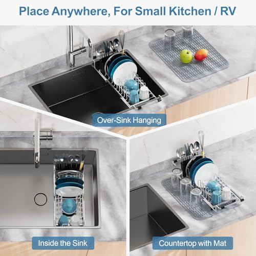 Small Sink Dish Drying Rack - Stainless Steel in Sink Dish Rack for RV Camper, Expandable Kitchen Counter Drainer with Utensil Holder, 13.2''-19.1" L x 6.5" W x 4.3" H, Silver