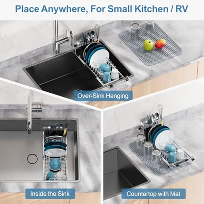 Small Sink Dish Drying Rack - Stainless Steel in Sink Dish Rack for RV Camper, Expandable Kitchen Counter Drainer with Utensil Holder, 13.2''-19.1" L x 6.5" W x 4.3" H, Silver