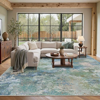 BEIMO Area Rugs 10x14 for Living Room, Blue Green Washable Abstract Rug | Modern Abstract Rug Soft Low Pile Non Slip Bedroom Dining Room Office Large Carpet, Easy Care Vacuum Friendly - color: Aquamarine/Blue Green, size: 10' x 14' (Rectangular)