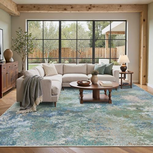 BEIMO Area Rugs 9x12 for Living Room, Blue Green Washable Abstract Rug | Modern Abstract Rug Soft Low Pile Non Slip Bedroom Dining Room Office Large Carpet, Easy Care Vacuum Friendly - color: Aquamarine/Blue Green, size: 9' x 12' (Rectangular)