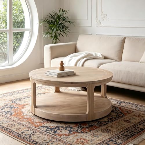 JUSTONE 40" Round Coffee Table,2-Tier Rustic Industrial Style for Living Room & Apartments, Easy Assembly Center Table(Oak) - color: 40'' Round - Oak