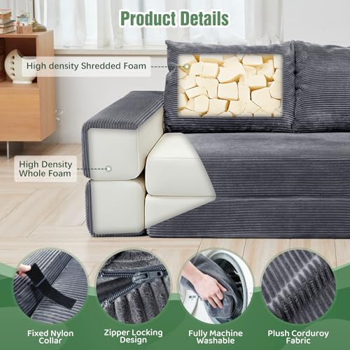 75" Convertible Sofa Bed, Fold Out Couch Bed Futon Sleeper Mattress with Pillows,3-in-1 Foldable Floor Couch Convertible Futon Sofa for Small Spaces - No Assembly Needed Dark Gray - color: Dark Gray
