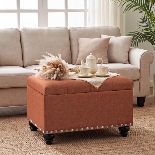 Ottoman with Storage, Fabric Ottoman Foot Rest 24" Rectangle Tufted Foot Stools Ottomans with Hinged Lid Upholstered Button Ottomans for Bedroom Living Room Entryway, Rust - color: Rust