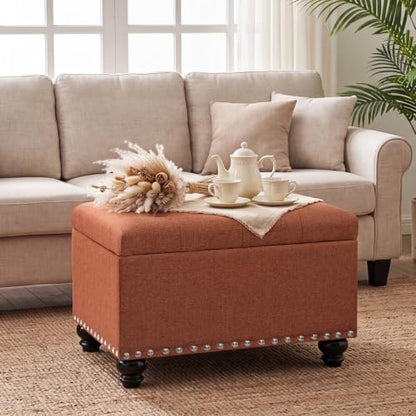 Ottoman with Storage, Fabric Ottoman Foot Rest 24" Rectangle Tufted Foot Stools Ottomans with Hinged Lid Upholstered Button Ottomans for Bedroom Living Room Entryway, Rust - color: Rust
