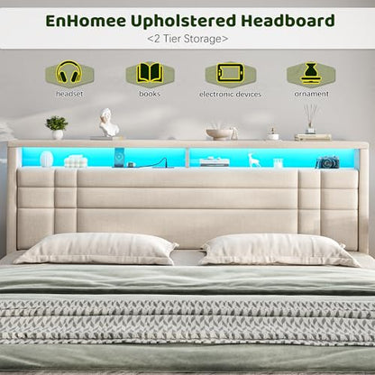 EnHomee King Upholstered Bed Frame with Charge Station & LED Lights, Beige | 2-Tier Shelves Headboard, 12" Under-Bed Storage Space, Noise-Free, No Box Spring Needed, Easy Assembly - color: Beige, size: King (U.S. Standard)