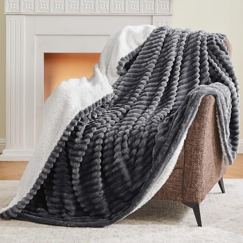 INFIIXSO Sherpa Throw Blanket for Couch - Super Soft & Warm Striped Fleece Blanket, Cozy Plush Fluffy Blanket All Season Use (Grey, 50x60 Inches) | Super Soft Thick Warm Striped Sherpa Blanket for Bed Sofa, Cozy Plush Fluffy Throw Gift for Women, Room Dec
