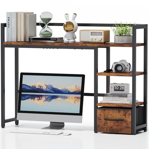 Marbrasse Desk Shelf with Drawer, 40" Desk Hutch for Computer Monitor, Wooden Desktop Bookshelf Storage Rack for Home Office Dorm - Dark Brown