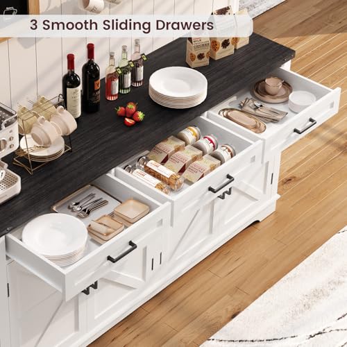 usikey Large Sideboard Buffet Cabinet with 4 Doors and 3 Drawers, Farmhouse Buffet Table, Dining Room Storage Cabinet for Kitchen or Living Room, White