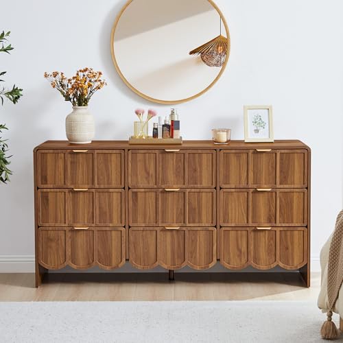 9 Drawer Dresser for Bedroom, Modern Closet Chest of Drawers with Wave Fluted Drawer, Wood Storage Small Dresser Organizer for Nursery Bedroom Living Room Hallway Closet (Walnut) - color: Walnut Scallop 9 Drawer