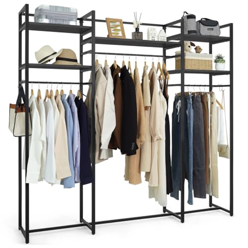 CAPHAUS 913lbs Capacity Garment Rack for Hanging Clothes, Heavy Duty Open Wardrobe w/Hanging Rods, Free Standing Closet Organizer, Clothing Rack, Metal Closet w/Wooden Boards, Black Vintage Board - color: Black, size: 75 Inch