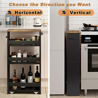 TEAMIX Slim Rolling Storage Cart, Wood 4-Tier Narrow Kitchen/Laundry Cart - color: Black+brown, size: 5-1/2'' W
