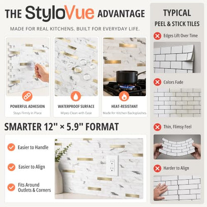 StyloVue 20 Sheets Peel and Stick Backsplash for Kitchen, Volakas White Marble Look with Gold Metal, Stick on Tile for Kitchen Backsplash, RV, Fireplace - color: Volakas White Marble