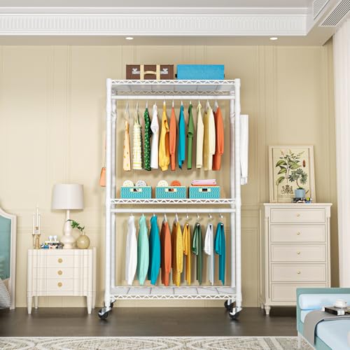 P1 Heavy Duty Garment Rack, 3 Tiers Adjustable Rolling Metal Closet | White Clothing Organizer with Lockable Wheels, Free-Standing Wardrobe with Double Hanger Rods and Hooks, Max Load 450lbs - color: White, size: P1