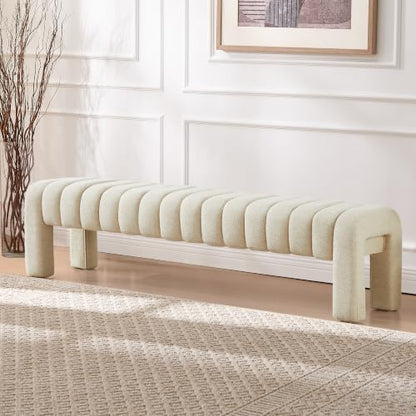 63" Bedroom Bench, Upholstered Entryway Bench, Modern End of Bed Ottoman with Solid Wood Legs and Adjustable Foot Pegs for Entryway, Dining Room and Living Room (Beige Linen) - color: Beige Linen, size: 63"