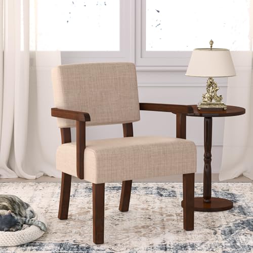 Accent Chair, Armchair with Solid Wood Frame and Legs, Beige | Upholstered Living Room Chair, Comfy Reading Chair for Bedroom, Waiting Room, Home Office, Easy Assembly - color: Linen Beige, size: One Chair