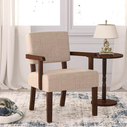 Accent Chair, Armchair with Solid Wood Frame and Legs, Beige | Upholstered Living Room Chair, Comfy Reading Chair for Bedroom, Waiting Room, Home Office, Easy Assembly - color: Linen Beige, size: One Chair