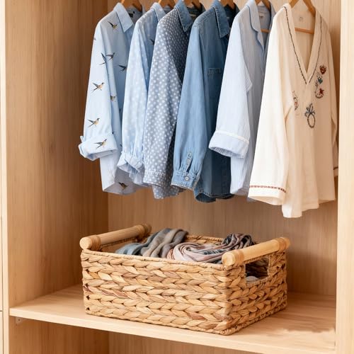 Rectangle Water hyacinth wicker storage basket Organizer(Medium) | Handwoven Shelf basket with Wooden Handles for Pantry & Closet - size: Medium
