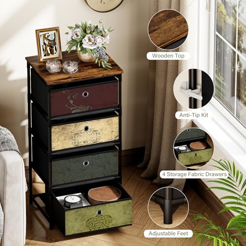 VASICAR Storage Unit with 4 Drawers, Fabric Nightstand, Wood Top | Clothes Organizer, Craft Storage Chest, Small Pattern Dresser for Bedroom, Closet, Nursery, Dorm - size: 11.8"D x 15.8"W x 30.7"H (4 Drawers)