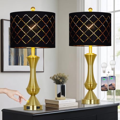 29" Gold Modern Table Lamps Set of 2, 3-Way Dimmable Touch Lamps for Nightstand with USB A+C & Outlets,Brass Lamps for Living Room, Bedroom, Nightstand, Entryway(2 Bulbs Included) - color: Gold-Black Lamp Shade-2Pack