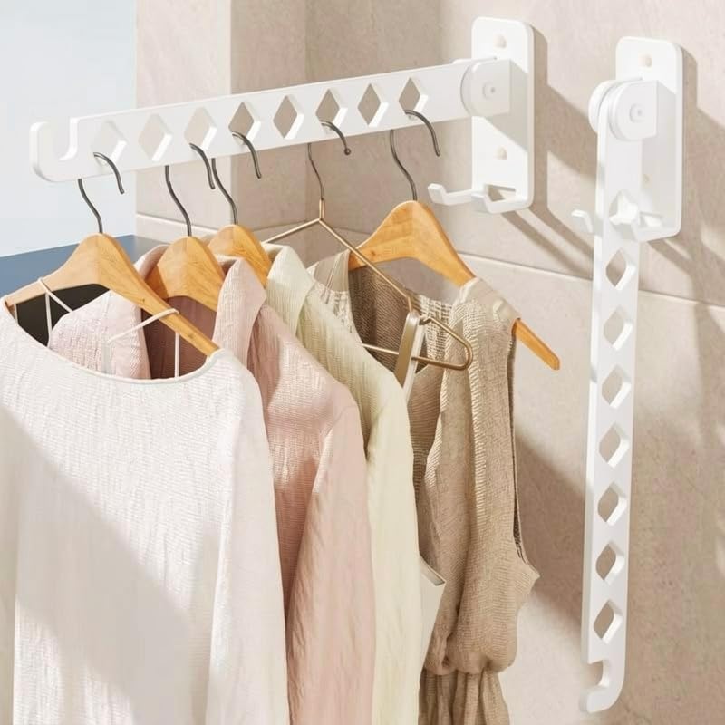 Wall Mounted Drying Rack, 8-Hole Clothes Rack Laundry Room, White | 8 Hanger Holes, No-Slide Design, Click-Stop Hinge 4 Angles, Rustproof Steel, Folds Flat 3.5cm, for Bathroom Balcony RV - size: 14 Inches - 2 Packs