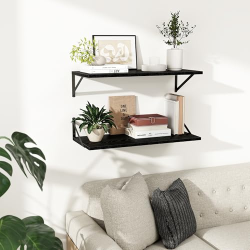 Dreamland Wall Mounted Floating Shelves Set of 2, 30x12, Black | Engineered Wood, Visible Bracket, Large Storage, Hold Up to 55lbs, Living Room, Bathroom, Bedroom, Kitchen - color: Black, size: 30"W x 12"D
