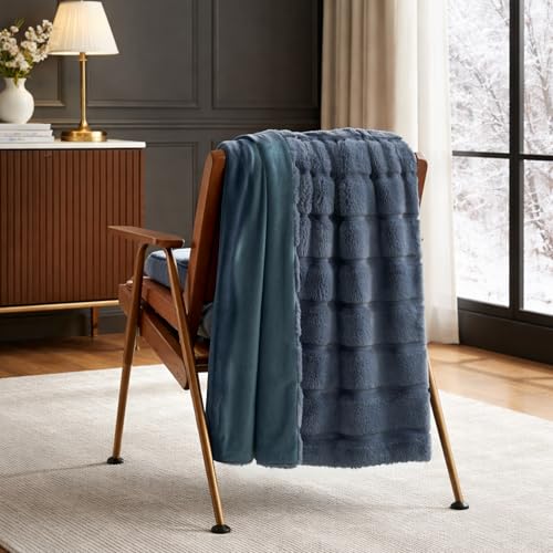 Cozy Bliss Deluxe Sheared Rabbit Faux Fur Throw Blanket, Soft Fuzzy High-Low Sculpted Plush Blanket for Couch, Cozy Home Accent, All Season Use, Blue 50"x60" - color: Stripe - Blue, size: Throw(50" x 60")