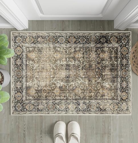 Brown Small Entryway Rug 2x3 Vintage Traditional Distressed | Washable, Non Slip, Soft Low Pile, Door Mat for Indoor Entrance, Kitchen, Bathroom, Farmhouse Decor - color: Accent Brown, size: 2' x 3' (Rectangular)