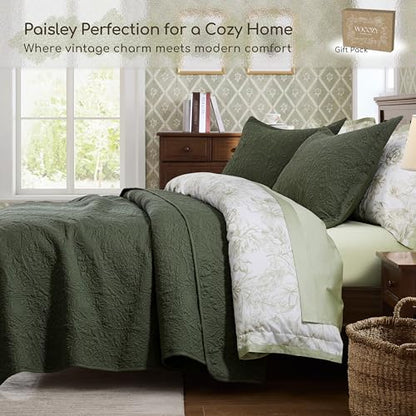 WDCOZY Paisley Quilt Set Oversize King Size, Olive Green Matelasse Lightweight Bedspread, Soft Farmhouse Rustic Coverlet, Spring Summer Thin Comforter, Country Bedding, 116x106 inches, 3 Pieces - color: Olive Green, size: Cal King (116"x106")