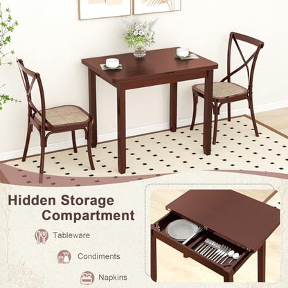 GOFLAME Extendable Dining Table for 4, Folding Kitchen Table with Storage Compartment & Rubber Wood Legs, Space-Saving Dinner Table for Living Room, Kitchen, Dining Room, Small Space, Cherry Brown