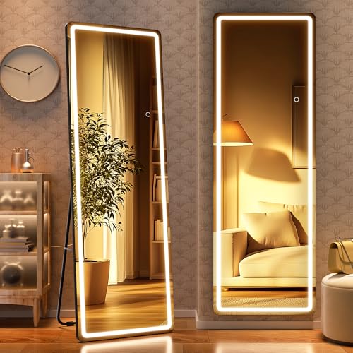 Full Length Mirror with Lights, 56" x 15.8" LED Lighted Floor Standing Body Mirror, Dimmable & 3 Color Lighting for Cloakroom, Dressing Room, Tempered Glass, Rounded Corner Black - color: Black, size: 56"L x 15.8"W