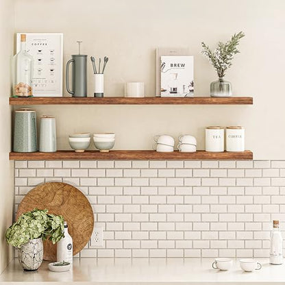Ballucci Floating Shelves, 55" Wood Wall Shelf Set of 2, with Invisible Brackets for Bathroom, Living Room, Bedroom, Kitchen, Nursery, 6" Deep, Rustic Brown - color: Rustic Brown, size: 55.1 inches