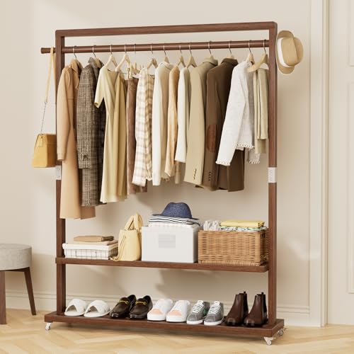 Solid Wood Clothes Rack with Wheels 3-in-1 Garment Rack Extra Long Rod 2 Shelves - size: L-12.6"L x 41.3"W x 66.1"H