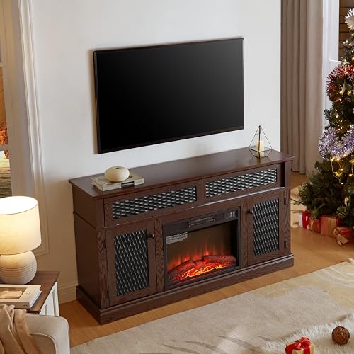 Fireplace TV Stand 58 in with 23 inch Electric Fireplace Insert, Wood Entertainment Center for TV up to 65 inch, Rustic Media Console with Embossed Sliding Doors and Cable Management, Dark Cherry - color: Cherry-d