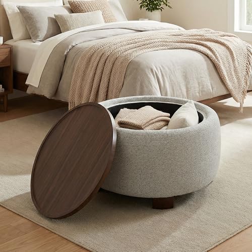 VKNOW 30" Round Storage Ottoman, Ottoman Coffee Table with Removable Wood Top and Solid Wood Legs for Living Room, Bedroom, Apartments (Beige) - color: Beige