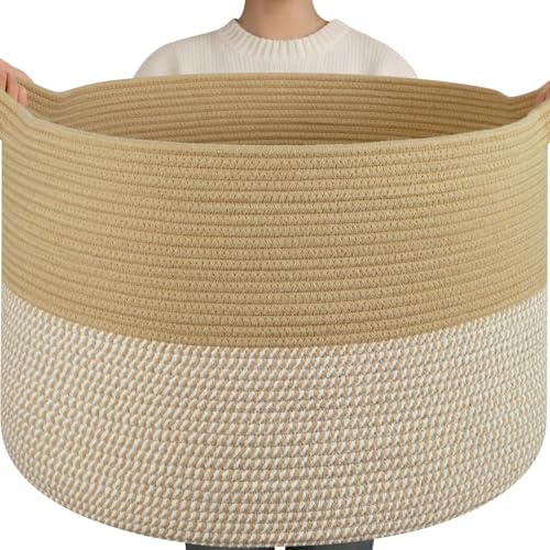 OIAHOMY 115L Extra Large Blanket Basket for Living Room, 23.6" x 15.4" Woven Cotton Rope Laundry Basket for Organizing Pillows, Decorative Stuffed Animal Toy Storage for Nursery, Jute and White - color: Jute and White, size: 23.6"D x 15.4"H
