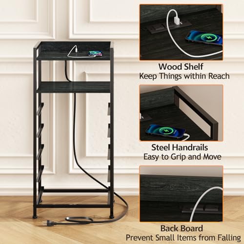 Nightstand with Charging Station,LED,5 Drawers Dresser for Bedroom | Tall Bedside Table,Dorm Night stand with LED Light & Remote Control, Metal Frame and Fabric Bins,Wood Desk Top,Easy Assemble - color: Black Oak, style: 5 Drawer