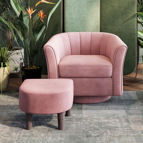 LINSY Large Swivel Accent Chair with Ottoman, Velvet Barrel Chair with Footrest, Modern Upholstered Comfy Reading Chair Armchair for Living Room, Bedroom, Study Room, Office, Pink - color: Pink, size: Large