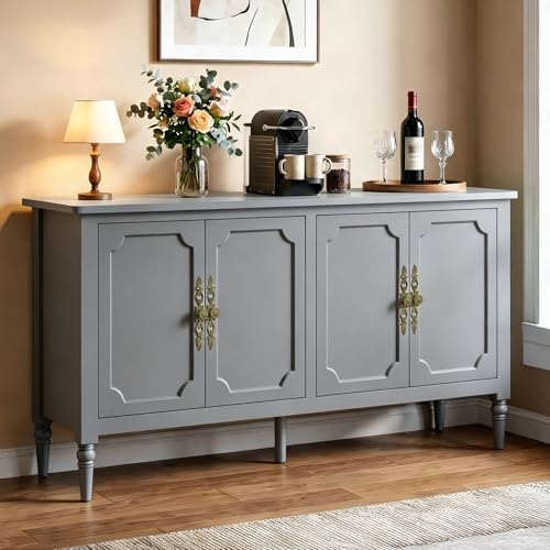 RoyalCraft Buffet Cabinet with Storage, 59" Vintage Sideboard with Adjustable Shelves, Mid Century Modern Painted Credenza Coffee Bar for Kitchen, Dining Room, Entryway, Living Room, Dove Gray - color: Dove Gray, size: 1 Piece